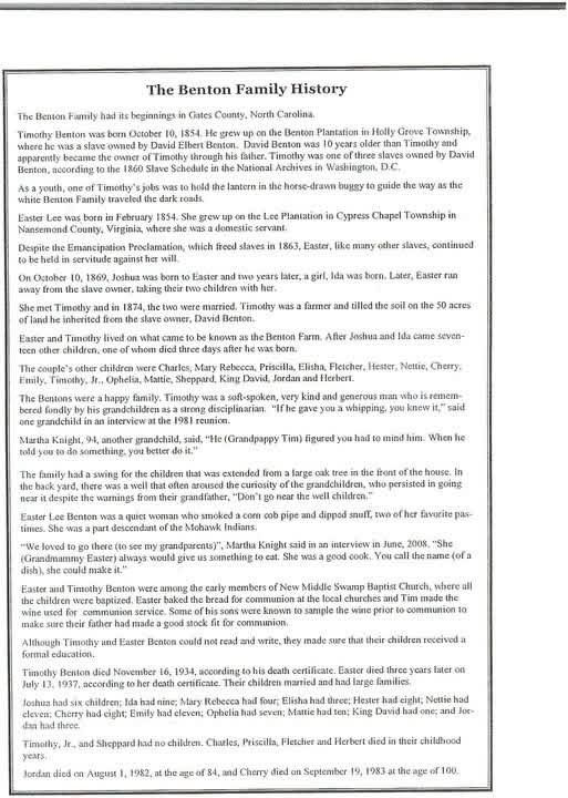 Typed page titled The Benton Family History